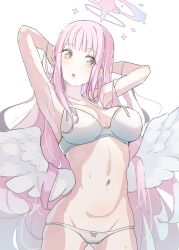 Rule 34 | 1girl, absurdres, arms up, blue archive, blush, bra, breasts, breasts apart, cowboy shot, groin, halo, hands in hair, highres, kilabo, large breasts, long hair, looking to the side, low wings, mika (blue archive), navel, open mouth, panties, pink hair, simple background, solo, sweat, underwear, white background, white bra, white panties, wings, yellow eyes
