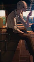 Rule 34 | 1girl, 2 blankk, chainsaw man, cigarette, collared shirt, eyepatch, grey hair, highres, holding, holding cigarette, long hair, looking to the side, ponytail, quanxi (chainsaw man), shirt, sitting, sleeves rolled up, smoke, smoking, solo, white shirt, window