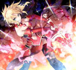 1girl asymmetrical_legwear black_thighhighs blonde_hair bra breasts choker cleavage detached_sleeves dutch_angle fate/apocrypha fate_(series) female_focus floating_hair green_eyes grin highres holding holding_sword holding_weapon long_hair looking_at_viewer medium_breasts midriff mordred_(fate) mordred_(fate/apocrypha) navel noes ponytail red_bra red_skirt skirt smile solo standing stomach strapless strapless_bra sword thighhighs underboob underwear uneven_legwear weapon