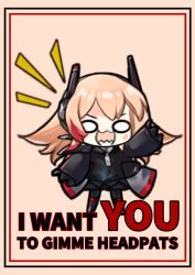 Rule 34 | 024hertz, 0 0, 1girl, :3, arm up, black jacket, blonde hair, blush stickers, chibi, commentary, english commentary, girls&#039; frontline, gloves, headgear, highres, jacket, long hair, m4 sopmod ii jr, multicolored hair, open mouth, parody, red hair, smile, solo, standing, streaked hair