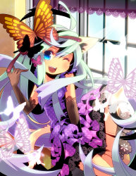 Rule 34 | 1girl, ;d, animal ears, blue eyes, blush, bug, butterfly, cat ears, cat tail, elbow gloves, flower, flying, gloves, highres, indoors, bug, long hair, looking up, moonyan, one eye closed, open mouth, original, plant, smile, solo, tail, window, windowsill, wings, wink