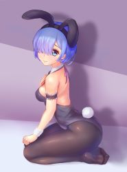 Rule 34 | 10s, 1girl, alternate costume, animal ears, arm garter, bare shoulders, black hairband, black leotard, black pantyhose, blue eyes, blue hair, blush, breasts, closed mouth, commentary request, detached collar, fake animal ears, fake tail, frills, from side, frown, full body, hair over one eye, hairband, hand on own chest, highres, john 117, leaning forward, leotard, looking at viewer, looking to the side, medium breasts, pantyhose, playboy bunny, purple ribbon, rabbit ears, re:zero kara hajimeru isekai seikatsu, rem (re:zero), ribbon, seiza, shiny skin, short hair, sideboob, sitting, solo, strapless, strapless leotard, sweatband, tail, tareme