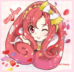 Rule 34 | 1girl, ;), bad id, bad pixiv id, bow, character name, copyright name, cure ace, dokidoki! precure, hair bow, heart, lipstick, long hair, madoka aguri, magical girl, makeup, one eye closed, petals, portrait, precure, red eyes, red hair, smile, solo, wink, yukinami (paru26i)