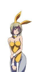 Rule 34 | 10s, 1girl, animal ears, bare shoulders, blonde hair, breasts, cleavage, embarrassed, fake animal ears, female focus, huang baoling, leotard, medium breasts, pantyhose, playboy bunny, rabbit ears, short hair, simple background, solo, tiger &amp; bunny, touryou, white background, wrist cuffs