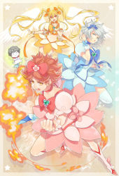 Rule 34 | 3boys, afro, afuro terumi, angel wings, bad id, bad pixiv id, bishounen, blonde hair, blue eyes, blue skirt, boots, bow, brooch, chae chan-soo, cosplay, crop top, crossdressing, cure blossom, cure blossom (cosplay), cure marine, cure marine (cosplay), cure sunshine, cure sunshine (cosplay), dress, fire, glasses, grey hair, hair bow, hair ribbon, heart, heart brooch, heartcatch precure!, inazuma eleven, inazuma eleven (series), jewelry, kinm, knee boots, long hair, magical girl, male focus, midriff, multiple boys, nagumo haruya, navel, open mouth, orange bow, orange eyes, precure, puffy sleeves, red eyes, red hair, ribbon, short sleeves, skirt, snowflakes, star (symbol), suzuno fuusuke, trap, twintails, very long hair, white hair, wings, wrist cuffs