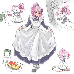 Rule 34 | 1boy, 1girl, apron, astra militarum, basket, black dress, blood, breasts, bucket, commentary, dress, english commentary, food, frilled apron, frills, hair ornament, hair scrunchie, hand grab, heart, helmet, highres, holding, holding basket, holding mop, long dress, maid apron, medium breasts, mick19988, mop, omelet, omurice, pink eyes, pink hair, pointing, ponytail, scrunchie, skirt hold, slaanesh, spoken heart, trash can, warhammer 40k