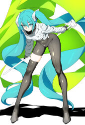 1girl absurdres aqua_eyes aqua_hair bent_over black_thighhighs bodysuit breasts flag flower goodsmile_racing hatsune_miku highres holding holding_flag holding_flower leaning_forward long_hair looking_at_viewer racing_miku racing_miku_(2022) rasupekuto ringed_eyes small_breasts smile solo thighhighs very_long_hair vocaloid