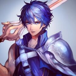 Rule 34 | 1boy, aokamei, armor, belt, bishounen, blue eyes, blue hair, blue shirt, chrom (fire emblem), collarbone, eyelashes, fire emblem, fire emblem awakening, grey background, holding, holding sword, holding weapon, male focus, messy hair, nintendo, parted lips, shirt, short hair, shoulder armor, single sleeve, solo, sword, toned, toned male, weapon