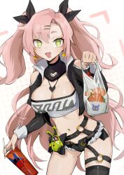 Rule 34 | + +, 1girl, :d, absurdres, bag, bare shoulders, black jacket, black ribbon, black shorts, breasts, burger, cleavage, clothing cutout, commentary request, cowboy shot, cup, cutoffs, disposable cup, dodo (yatotoyatoto), food, green eyes, hair between eyes, hair ornament, hair ribbon, hairclip, highres, holding, holding bag, holding cup, jacket, large breasts, long hair, long sleeves, looking at viewer, micro shorts, midriff, mole, mole under eye, navel, nicole demara, open clothes, open jacket, open mouth, pink hair, ribbon, shorts, shoulder cutout, single thighhigh, smile, solo, standing, stomach, strapless, thighhighs, thighs, tube top, two side up, very long hair, white background, zenless zone zero