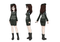 Rule 34 | 1girl, black footwear, black necktie, blue eyes, brown hair, closed mouth, concept art, emblem, from behind, from side, full body, girls und panzer, hat, jacket, japanese tankery league (emblem), long hair, long sleeves, megumi (girls und panzer), miniskirt, multiple views, necktie, official art, pencil skirt, selection university military uniform, simple background, skirt, standing, swept bangs, white background