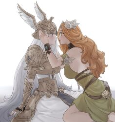 Rule 34 | 2girls, armor, astraea 010, blue eyes, boobplate, bracelet, breastplate, breasts, circlet, colored eyelashes, commentary request, cowboy shot, detached sleeves, dress, eye contact, face-to-face, faulds, final fantasy, final fantasy xiv, from side, green dress, green eyes, hair ornament, halone (ff14), hands on another&#039;s face, helmet, highres, jewelry, korean commentary, large breasts, leaf hair ornament, long hair, looking at another, medium breasts, multiple girls, nophica, orange hair, parted lips, pauldrons, profile, shoulder armor, sideboob, simple background, sitting, skirt, sleeveless, sleeveless dress, vambraces, wavy hair, white background, white hair, white skirt, winged helmet, yuri