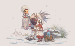 Rule 34 | 1girl, bag, barding, belt, brown background, brown footwear, brown gloves, brown hair, capelet, chocobo, clothing request, creature, final fantasy, final fantasy xiv, fringe trim, full body, fur-trimmed capelet, fur trim, gloves, grass, hat, holding, holding bag, korpokkur (final fantasy), lalafell, leg warmers, lunatender, neck ribbon, omori hakumai, outdoors, plaid, plaid scarf, pointy ears, pom pom (clothes), red scarf, reins, ribbon, rock, saddle, scarf, shoes, short hair, sitting, snow, solo, standing, warrior of light (ff14), white hat, white scarf, winter, winter clothes