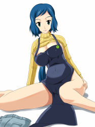 Rule 34 | 10s, 1girl, apron, ass, ass grab, blue hair, breasts, cleavage, clothes lift, denim, green eyes, gundam, gundam build fighters, highres, huge breasts, iori rinko, jeans, large breasts, lips, long hair, looking at viewer, mature female, naked apron, navel, no bra, no panties, pants, ponytail, ribbed sweater, smile, solo, sweater, sweater lift, turtleneck, undressing