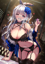 Rule 34 | 1girl, alternate costume, blue eyes, blurry, blurry background, blush, breasts, cenangam, cleavage, collarbone, commentary request, condom, cross, cross earrings, earrings, flower, garter belt, girls&#039; frontline, grey hair, grin, hair flower, hair ornament, hair ribbon, heart, heart-shaped pupils, heavy breathing, heterochromia, highres, holding, holding condom, indoors, jewelry, kneeling, lace, lace-trimmed legwear, lace trim, large breasts, leaning forward, long hair, looking at viewer, mdr (girls&#039; frontline), multicolored hair, nail polish, night, off shoulder, one side up, pink eyes, pink hair, purple nails, ribbon, sidelocks, skindentation, smile, solo, sparkle, stomach, streaked hair, sweat, symbol-shaped pupils, thighhighs, window