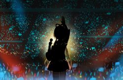 Rule 34 | 1girl, concert, crowd, highres, light rays, long hair, luo tianyi, microphone, shintani, silhouette, skirt, solo focus, thighhighs, twintails, vocaloid, vocanese