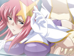 Rule 34 | 00s, 1girl, bent over, blue eyes, blush, breast press, breasts, clothed sex, doggystyle, from behind, gilbert durandal, gloves, gundam, gundam seed, gundam seed destiny, hair ornament, large breasts, long hair, meer campbell, pink hair, pussy juice, rape, red hair, sex, sex from behind, solo focus, soul foundation, star (symbol), star hair ornament, takapiko, vaginal