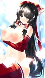 Rule 34 | 1girl, black hair, bow, breast hold, breasts, brown eyes, elbow gloves, female focus, gloves, hair bow, hair tubes, hakurei reimu, highres, huatu jiang, huge breasts, large areolae, large breasts, light particles, long hair, navel, nipples, open mouth, red gloves, red thighhighs, solo, thighhighs, touhou, very long hair