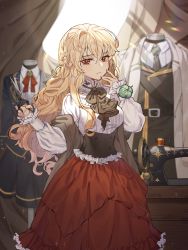 Rule 34 | 1girl, bad id, bad pixiv id, black neckwear, blonde hair, braid, day, formal, frills, hand up, highres, holding, holding scissors, long hair, looking at viewer, original, pincushion, red eyes, red skirt, risem, scissors, sewing machine, skirt, suit