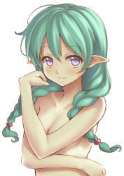Rule 34 | 1girl, blush, braid, breasts, closed mouth, collarbone, copyright request, female focus, green hair, hair between eyes, highres, long hair, looking at viewer, piano-alice, pointy ears, simple background, small breasts, smile, solo, topless frame, twin braids, upper body, white background