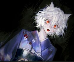 Rule 34 | 1other, androgynous, animal ears, blood, blood on face, blue kimono, cat ears, curly hair, hunter x hunter, japanese clothes, kimono, looking at viewer, n0g nog, neferpitou, obi, other focus, red eyes, sash, short hair, solo, upper body, white hair