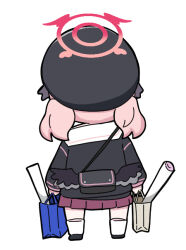 Rule 34 | 1girl, bag, beret, black footwear, black hat, black shirt, black wings, blue archive, chibi, commentary request, facing away, feathered wings, from behind, halo, hat, head wings, holding, holding bag, koharu (blue archive), low wings, nyaru (nyaru 4126), paper bag, pink hair, pleated skirt, purple skirt, sailor collar, shirt, shoes, simple background, skirt, socks, solo, twintails, white background, white sailor collar, white socks, wings