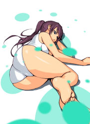 Rule 34 | 1girl, ass, barefoot, blue eyes, brown hair, feet, long hair, lying, on side, one-piece swimsuit, ponytail, purple hair, solo, swimsuit, thighs, twintails, yuuji (and)