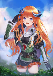 Rule 34 | 1girl, absurdres, arknights, bagpipe (arknights), belt, belt pouch, black gloves, black skirt, blue eyes, blue sky, breasts, cloud, cloudy sky, collared shirt, cowboy shot, day, dragon horns, gloves, green jacket, highres, horns, jacket, long hair, long sleeves, longyu (17767756), looking at viewer, medium breasts, miniskirt, open mouth, orange hair, outdoors, plaid, plaid skirt, plant, pouch, shirt, skirt, sky, smile, solo, tactical clothes, thighhighs, thighs, white shirt, wing collar, zettai ryouiki