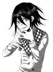 Rule 34 | 1boy, blush, checkered clothes, checkered scarf, covering face, danganronpa (series), danganronpa v3: killing harmony, embarrassed, greyscale, hair between eyes, hands up, highres, looking at viewer, lower teeth only, m0918664055, male focus, monochrome, open mouth, oma kokichi, scarf, short hair, sketch, solo, straitjacket, sweat, teeth, upper body