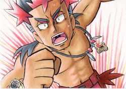 Rule 34 | 1boy, abs, black eyes, black hair, clenched hand, commentary request, creatures (company), dark-skinned male, dark skin, furrowed brow, game freak, highres, jewelry, kiawe (pokemon), looking at viewer, male focus, multicolored hair, navel, necklace, nintendo, oka mochi, open mouth, pokemon, pokemon (anime), pokemon sm (anime), red hair, red shorts, shorts, solo, sweat, teeth, toned, tongue, topless male, traditional media, watch, wristwatch