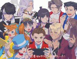 Rule 34 | 5girls, 6+boys, :d, :o, ace attorney, antenna hair, apollo justice, aqua necktie, ascot, athena cykes, bead necklace, beads, black hair, black jacket, black necktie, black shirt, blonde hair, blue cape, blue eyes, blue headwear, blue jacket, blue necktie, blush stickers, bracelet, braid, brown eyes, brown hair, cape, chain, chain necklace, closed mouth, coat, collared shirt, crescent, crescent earrings, cropped jacket, crown, dark-skinned male, dark skin, earrings, eating, ema skye, facial mark, forehead jewel, forehead mark, frilled ascot, frills, gem, grey hair, grin, hair between eyes, hair intakes, hairstyle request, half updo, hand up, hat, highres, jacket, jewelry, klavier gavin, lapel pin, lapels, long hair, long sleeves, maya fey, medium hair, miles edgeworth, multicolored hair, multiple boys, multiple girls, nahyuta sahdmadhi, necklace, necktie, nintendo switch, open collar, open mouth, orange hair, parted bangs, parted lips, phoenix wright, pink-tinted eyewear, popped collar, purple jacket, rayfa padma khura&#039;in, red gemstone, red jacket, red scarf, red vest, ring, scarf, shirt, side ponytail, sidelocks, simon blackquill, simple background, single braid, sleeves past elbows, sleeves rolled up, smile, spiked hair, suit jacket, sweat, swept bangs, tinted eyewear, top hat, topknot, trucy wright, two-tone hair, untucked shirt, v-shaped eyebrows, vest, white-framed eyewear, white ascot, white background, white coat, white hair, white jacket, white shirt, yellow jacket, yymmawo vv2