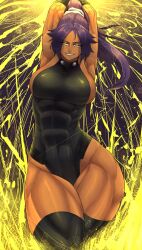 1girl abs absurdres armpits arms_behind_head black_leotard black_thighhighs bleach breasts curvy dark-skinned_female dark_skin electricity female_focus hair_ornament highres large_breasts leotard limn044 long_hair looking_at_viewer muscular muscular_female parted_bangs ponytail purple_hair shihouin_yoruichi sideboob thick_thighs thighhighs thighs toned_female yellow_eyes