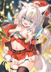 Rule 34 | 1girl, ahoge, animal ear fluff, animal ears, black thighhighs, blurry, blurry background, blush, braid, breasts, christmas, cleavage, commentary request, detached sleeves, double fox shadow puppet, earrings, fox ears, fox girl, fox shadow puppet, fox tail, green eyes, hair between eyes, hololive, jewelry, long hair, looking at viewer, medium breasts, midriff, navel, open mouth, red shirt, red skirt, shirakami fubuki, shirt, sidelocks, single braid, single thighhigh, skirt, smile, solo, tail, thigh strap, thighhighs, user xews4875, virtual youtuber, white hair