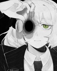 1girl artist_name black_jacket bygone_days_(e.g.o) closed_mouth collared_shirt e.g.o_(project_moon) empty_picture_frame formal green_eyes hairband highres ishmael_(project_moon) jacket jewelry lets_lam3nt limbus_company locket long_hair long_sleeves necktie one_eye_covered partially_colored pendant picture_frame project_moon shirt sidelocks simple_background solo twitter_username white_shirt