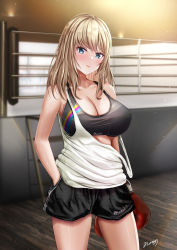 Rule 34 | 1girl, absurdres, aqua eyes, bad id, bad pixiv id, bare shoulders, black shorts, blonde hair, blush, boxing gloves, boxing ring, breasts, cleavage, closed mouth, collarbone, cowboy shot, hand in pocket, highres, indoors, large breasts, light particles, long hair, looking at viewer, nori chazuke, original, shirt, shorts, signature, solo, sports bra, strap slip, tank top, white shirt
