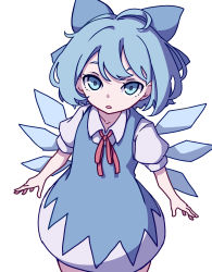 Rule 34 | 1girl, absurdres, blue bow, blue dress, blue eyes, blue hair, blue shirt, bow, cirno, collared shirt, cowboy shot, dress, eyebrows hidden by hair, hair bow, highres, ice, ice wings, kame (kamepan44231), looking at viewer, one-hour drawing challenge, open mouth, red neckwear, red ribbon, ribbon, shirt, short hair, short sleeves, simple background, solo, standing, touhou, white background, white shirt, wings