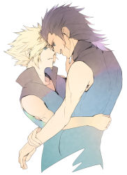 Rule 34 | 2boys, aqua eyes, arm around back, arms around waist, bare arms, black hair, blonde hair, cowboy shot, earrings, facial scar, final fantasy, final fantasy vii, final fantasy vii advent children, hair between eyes, hair slicked back, hand on another&#039;s cheek, hand on another&#039;s face, high collar, highres, i ne rrr, jewelry, looking at another, male focus, medium hair, multiple boys, open collar, open mouth, parted lips, scar, scar on cheek, scar on face, shirt, short hair, single earring, sleeveless, sleeveless shirt, sleeveless turtleneck, spiked hair, square enix, teeth, turtleneck, upper teeth only, white background, yaoi