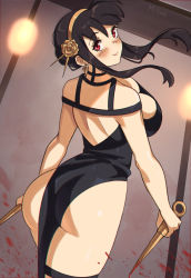 Rule 34 | 1girl, ass, bare shoulders, black dress, black hair, black thighhighs, blood, blood splatter, blush, boots, breasts, choker, cleavage, curvy, dagger, dress, dual wielding, earrings, flower, hair flower, hair ornament, hairband, holding, holding weapon, jewelry, knife, large breasts, looking at viewer, mitue, off-shoulder dress, off shoulder, sidelocks, solo, spy x family, stiletto (weapon), thigh boots, thighhighs, weapon, yor briar