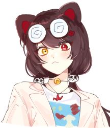 Rule 34 | 00514 w, 1girl, animal ears, beige jacket, bell, blazer, blush, brown eyes, dog ears, dog girl, dog hair ornament, eyewear on head, frown, hair ornament, heterochromia, inui toko, jacket, jewelry, looking at viewer, neck bell, necklace, nijisanji, portrait, red eyes, shirt, solo, virtual youtuber, white background, white shirt