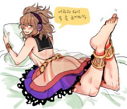 Rule 34 | 1girl, anklet, backless outfit, barefoot, belt, black belt, black sailor collar, blouse, blush, breasts, brown hair, earmuffs, gold, highres, jewelry, kuya (hey36253625), leg up, lying, on stomach, open mouth, pillow, pink shirt, pointy hair, purple skirt, revision, sailor collar, shirt, short hair, simple background, skirt, sleeveless, sleeveless shirt, small breasts, smirk, toenails, toes, touhou, toyosatomimi no miko, translation request, white background, yellow eyes