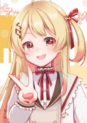 Rule 34 | 1girl, blush, brown dress, dress, fortissimo, hair ornament, hair ribbon, highres, hololive, hololive dev is, jacket, long hair, looking at viewer, musical note, musical note hair ornament, neck ribbon, one side up, open mouth, otonose kanade, red eyes, red ribbon, ribbon, smile, teeth, upper teeth only, v, virtual youtuber, white jacket, yokuto
