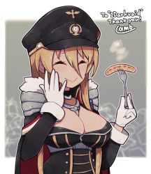 Rule 34 | 1girl, :&gt;, ^ ^, armor, azur lane, bismarck (azur lane), black cape, black headwear, blonde hair, breasts, cape, cleavage, closed eyes, closed mouth, commission, facing viewer, foodgasm, fork, gloves, hairband, hand on own cheek, hand on own face, hand up, hat, holding, holding fork, hot dog, lamb-oic029, large breasts, long sleeves, pauldrons, red cape, shoulder armor, signature, skeb commission, smile, solo, thank you, two-sided cape, two-sided fabric, upper body, white gloves