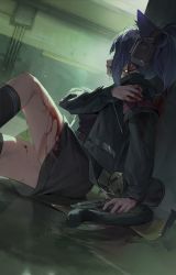 Rule 34 | 1girl, animal ears, arknights, black hair, black jacket, black shirt, black skirt, black socks, blood, blood on clothes, cat ears, cat girl, cat tail, clenched teeth, commentary request, facing away, feet out of frame, gun, headphones, headset, highres, holding, holding gun, holding weapon, indoors, jacket, jessica (arknights), kneehighs, long sleeves, lyooo 6, on floor, open clothes, open jacket, ponytail, puffy long sleeves, puffy sleeves, shirt, sitting, skirt, sleeves past wrists, socks, solo, tail, teeth, weapon