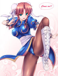 Rule 34 | 1girl, alternate hairstyle, bad id, bad nicoseiga id, blue dress, blue eyes, blue skirt, boots, bracelet, braid, brown pantyhose, bun cover, capcom, chignon, china dress, chinese clothes, chun-li, chun-li (cosplay), cosplay, cross-laced footwear, double bun, dress, english text, fighting stance, hair bun, hair ribbon, highres, hong meiling, jewelry, knee boots, leg up, lips, monety, open mouth, pantyhose, pelvic curtain, puffy short sleeves, puffy sleeves, red hair, ribbon, shiny clothes, short sleeves, side slit, skirt, smile, solo, spiked bracelet, spikes, standing, standing on one leg, street fighter, text focus, touhou, twin braids