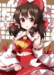 Rule 34 | 1girl, ascot, bow, brown eyes, brown hair, cowboy shot, detached sleeves, frilled bow, frilled hair tubes, frilled skirt, frills, gohei, hair tubes, hakurei reimu, highres, holding, looking at viewer, medium hair, navel, nontraditional miko, open mouth, red bow, red ribbon, red shirt, red skirt, ribbon, ribbon-trimmed sleeves, ribbon trim, ruu (tksymkw), shide, shirt, skirt, solo, standing, touhou, wide sleeves, window, yellow ascot