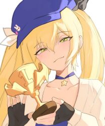 Rule 34 | 1girl, absurdres, black gloves, blonde hair, blue hat, blush, choker, closed mouth, commentary, daiishori, dokibird (vtuber), fingerless gloves, gloves, green eyes, hair between eyes, hair ribbon, half-closed eyes, hat, highres, holding, holding trophy, indie virtual youtuber, long hair, looking at viewer, purple choker, ribbon, sidelocks, simple background, smile, solo, star (symbol), star choker, symbol-only commentary, trophy, twintails, upper body, virtual youtuber, white background, white ribbon