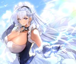 Rule 34 | 1girl, absurdres, apron, azur lane, belfast (azur lane), braid, breasts, broken, broken chain, chain, chain, cleavage, collar, corset, duralu500, covered erect nipples, french braid, frilled apron, frilled gloves, frills, gloves, highres, huge breasts, large breasts, long hair, maid, maid apron, maid headdress, purple eyes, smile, solo, white apron, white hair