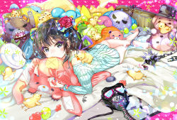 Rule 34 | 1girl, barefoot, bed, black hair, blanket, blue eyes, blush, covered mouth, floral print, flower, gas mask, green eyes, hair flower, hair ornament, holding, holding stuffed toy, keepout, legs, long hair, lying, mask, multicolored eyes, off shoulder, on stomach, original, red flower, red rose, ribbed sweater, rose, solo, soramu, stuffed animal, stuffed rabbit, stuffed toy, sweater, thighs