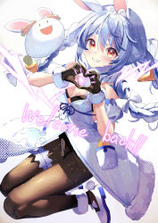 Rule 34 | 1girl, absurdres, animal ear fluff, animal ears, black leotard, blue hair, blush, braid, brown gloves, brown pantyhose, carrot hair ornament, creature, detached sleeves, dress, food-themed hair ornament, full body, gloves, grin, hair ornament, haruhina purple, heart, heart hands, highres, hololive, jumping, leotard, leotard under clothes, long hair, looking at viewer, pantyhose, pekomon (usada pekora), rabbit ears, rabbit girl, red eyes, shoes, short sleeves, simple background, smile, solo, strapless, strapless dress, thick eyebrows, twin braids, twintails, usada pekora, usada pekora (1st costume), virtual youtuber, white background, white dress, white footwear