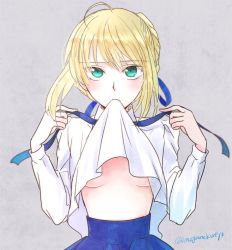 Rule 34 | 1girl, ahoge, artoria pendragon (all), artoria pendragon (fate), bad id, bad twitter id, biting, biting clothes, blonde hair, blouse, blue ribbon, blue skirt, blush, braid, breasts, clothes lift, fate/stay night, fate (series), french braid, green eyes, lifting own clothes, long sleeves, looking at viewer, no bra, omizu (omz), ribbon, saber (fate), shirt, shirt lift, skirt, small breasts, solo, twitter username, underboob, upper body, white shirt
