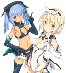 Rule 34 | 2girls, aqua eyes, armor, arnval mk2, artist request, bikini, bikini armor, blonde hair, blue hair, breasts, busou shinki, cleavage, dark-skinned female, dark skin, elbow gloves, gloves, hand on own hip, headgear, joints, looking at viewer, mecha musume, multiple girls, navel, non-web source, official art, red eyes, revealing clothes, short hair, source request, strarf, strarf mk2, swimsuit, twintails